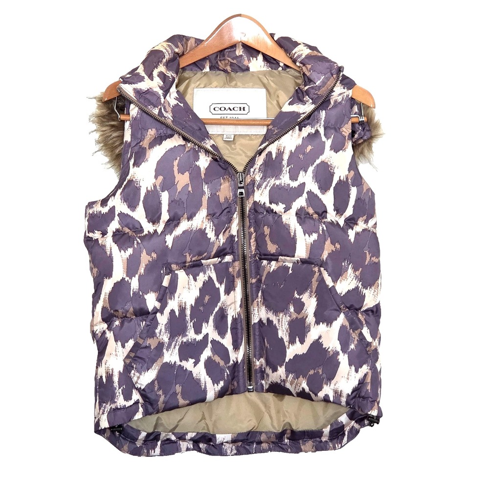 Coach Women Hooded Puffer Vest Animal Print Pattern Size XS/TP